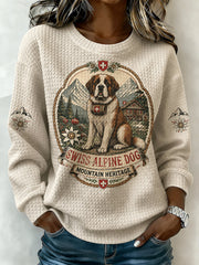 Damen-Sweatshirt mit Schneeberg- und Tiermuster, Waffelstruktur und langen Ärmeln
