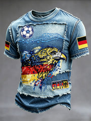 Herren-Casual-T-Shirt im Denim-Optik-Patchwork-Stil mit deutschem Adler-Graffiti-Fußballmotiv