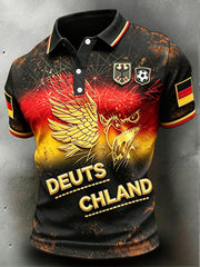 Herren-Poloshirt in Schwarz mit klassischem deutschen Fußball-Print, lässiger Stil