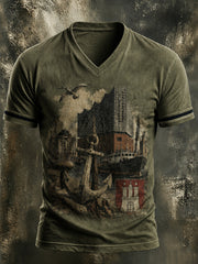 Herren-Retro-T-Shirt mit V-Ausschnitt, Hamburg, Stadthafen