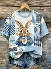 Damen-Kaninchen mit Kaffee-Blumen-Cottage-Collage-Druck Leinen-T-Shirt mit kurzen Ärmeln