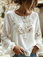 Damen-Edel-Shirt aus Baumwoll-Leinen mit Glitzer-Artprint und weißen Rosen