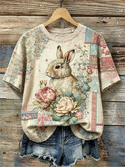 Damen-Vintage-Kaninchen-Rosen-Blumen-Patchwork-Druck Leinen-T-Shirt mit kurzen Ärmeln