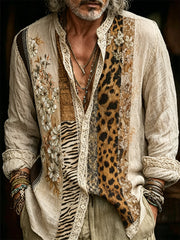 Herren-Boho-Hemd mit Leopardenmuster und floralem Patchwork-Print