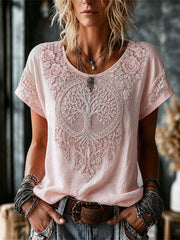 Damen-Viking-Blumen-T-Shirt mit Lebensbaum-Motiv und Spitzenprint, aus Leinen, mit kurzen Ärmeln