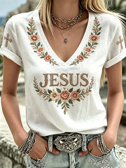 Damen-JESUS-Print-Lässiges T-Shirt mit V-Ausschnitt