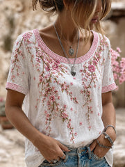 Damen-Top aus Baumwolle-Leinen im Vintage-Stil mit floraler Kunstprint-Optik