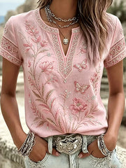 Damen-Top aus Baumwolle-Leinen im Vintage-Stil mit floraler Kunstprint-Optik