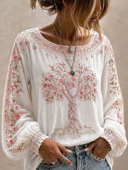 Damen-Top aus Baumwolle-Leinen im Vintage-Stil mit floraler Kunstprint-Optik