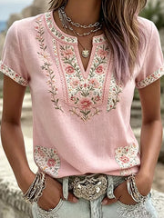 Damen-Top aus Baumwolle-Leinen im Vintage-Stil mit floraler Kunstprint-Optik