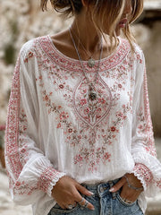 Damen-Top aus Baumwolle-Leinen im Vintage-Stil mit floraler Kunstprint-Optik