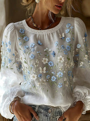 Damen-Top aus Baumwolle-Leinen im Vintage-Stil mit floraler Kunstprint-Optik