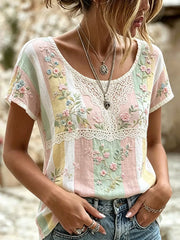 Damen-Top aus Baumwolle-Leinen im Vintage-Stil mit floraler Kunstprint-Optik
