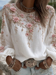 Damen-Top aus Baumwolle-Leinen im Vintage-Stil mit floraler Kunstprint-Optik