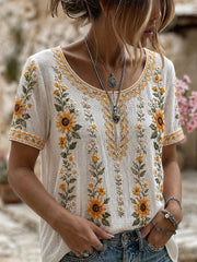 Damen-Top aus Baumwolle-Leinen im Vintage-Stil mit floraler Kunstprint-Optik