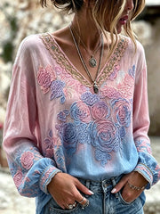 Damen-Top aus Baumwolle-Leinen im Vintage-Stil mit floraler Kunstprint-Optik