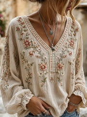 Damen-Top aus Baumwolle-Leinen im Vintage-Stil mit floraler Kunstprint-Optik