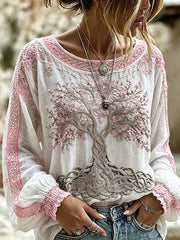 Damen-Top aus Baumwolle-Leinen im Vintage-Stil mit floraler Kunstprint-Optik
