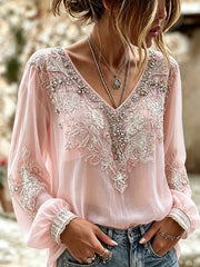 Damen-Top aus Baumwolle-Leinen im Vintage-Stil mit floraler Kunstprint-Optik