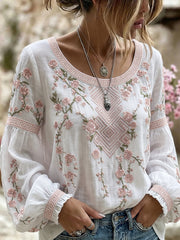 Damen-Top aus Baumwolle-Leinen im Vintage-Stil mit floraler Kunstprint-Optik