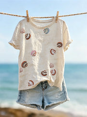 Kurzarm-T-Shirt mit Aufdruck für Damen-Muscheln am Strand