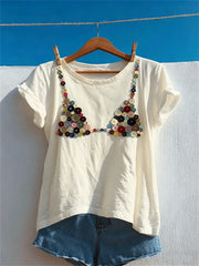 Kurzarm-T-Shirt mit Vintage-Bikini-Knöpfen für Damen