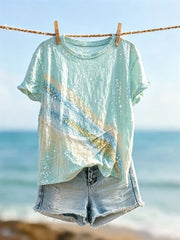 Damen-Strand-T-Shirt am Meer mit Glitzer-Art-Print und kurzen Ärmeln
