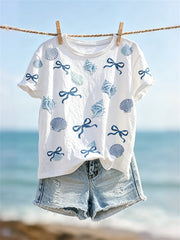 Damen-T-Shirt mit Muschel- und Konchenschnecken-Knotenmuster, kurze Ärmel