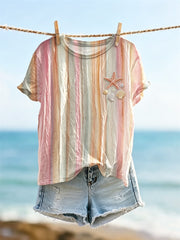 Damen-T-Shirt mit Sternen- und Muschelmotiv, Strand- und Sonnenuntergangs-Motiv, Farbverlauf, gestreift, kurzärmelig