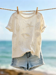 Damen-Kurzarm-T-Shirt mit Seestern und Muscheln Perlen mit Kunstdruck