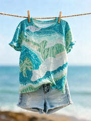 Damen-T-Shirt mit Glitzer-Art-Print, unterwasserinspiriertes Korallenmotiv, Kurzarm