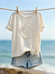 Damen-Edel-T-Shirt mit Muschelperlen- und Kunstdruck-Design, Kurzarm