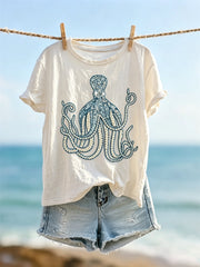Damen-T-Shirt mit Kurzarm und Kunstdruck von Octopus aus Perlen