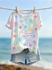Damen-T-Shirt mit lebendigem, farbenfrohem Unterwasser-Kunstdruck und kurzen Ärmeln