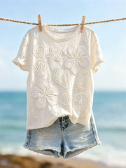 Kurzarm-T-Shirt mit Strand blumen druck für Damen Seesterne und Muscheln