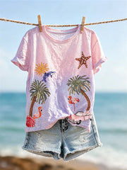 Damen-Strandurlaubs-Elemente Glitzer-Verlaufsaufdruck Kurzarm-T-Shirt