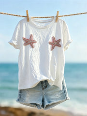 Kurzarm-T-Shirt mit Funny Seestern Bikini Art Print für Damen