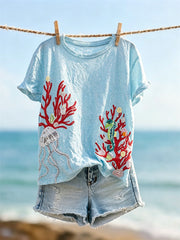Damen-Unterwasser-Korallen quallen-und Seepferdchen-T-Shirt mit Aufdruck