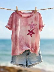 Kurzärmliges T-Shirt mit Glitzer-Seestern-Kunstdruck-Farbstoff für Damen