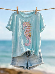 Damen-T-Shirt mit pinkfarbenem Seepferdchen-Perlenkunstdruck und kurzen Ärmeln