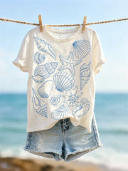 Kurzarm-T-Shirt mit Strand-Seestern-Muscheln und Conch-Print für Damen