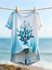 Damen-T-Shirt mit Farbverlauf, Meer-Strand-Glitzerdruck und kurzen Ärmeln