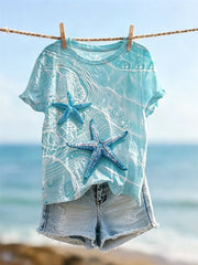 Kurzarm-T-Shirt mit Glitzer-Seestern und Strand wellen bedrucken