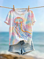 Damen-T-Shirt mit Quallen-Artwork, farbenfrohem Batikmuster und kurzen Ärmeln