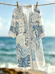 Frauen Vintage Meer & See Tiere Collage Kunstdruck Urlaub-Stil Shirt Kleid