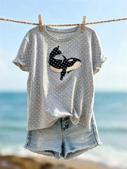 Damen-T-Shirt mit niedlichem Wal- und Tupfenmuster, kurzärmelig