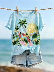 Damen-Urlaubs-T-Shirt mit Glitzer-Artprint „Arara-Insel am Strand“ und kurzen Ärmeln