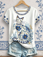 Damen-T-Shirts mit Blumen- und Katzenmuster