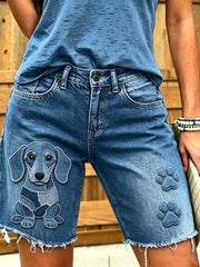 Damen-Jeans mit kurzer Länge und tierischem Hunde-Druck