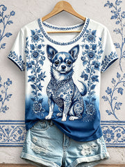 Damen-T-Shirts mit Blumen- und Hundeprint